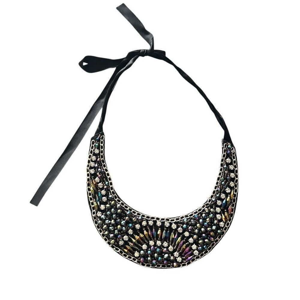 Vintage Beaded Rhinestones and Chains Bib Necklace Statement Glam Goth